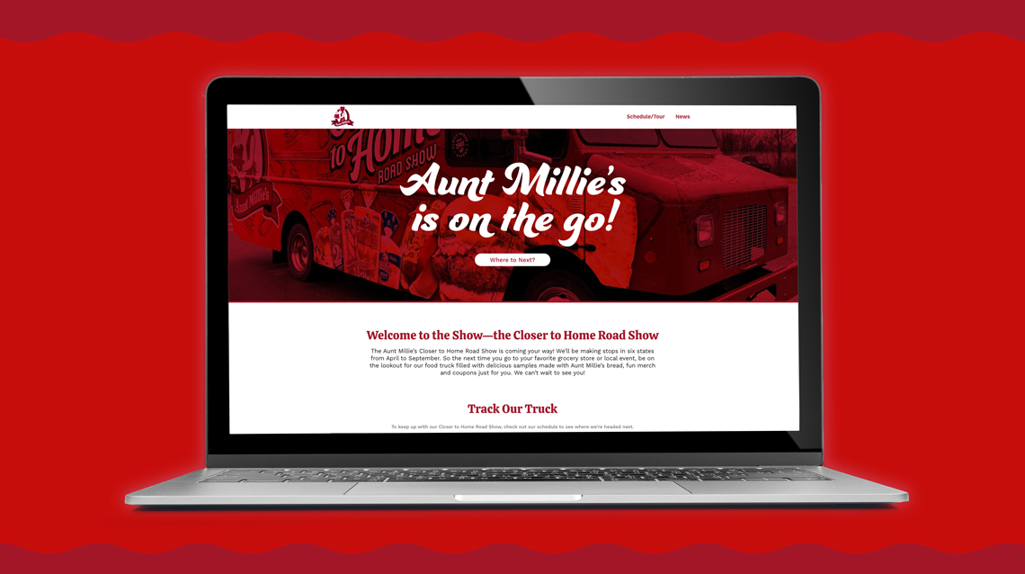 Aunt Millie's Roadshow website on a laptop