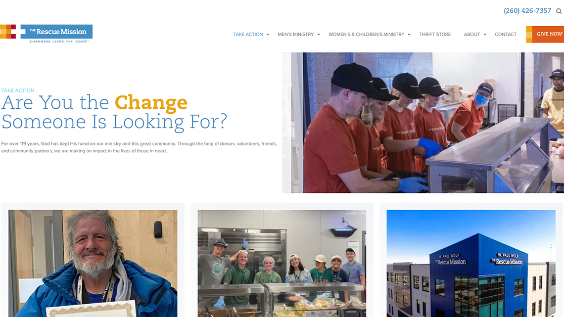 Fort Wayne Rescue Mission homepage hero and featured programs