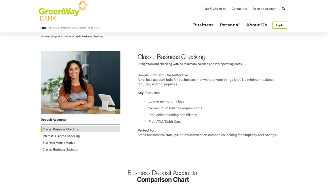 GreenWay Bank Classic Business Checking page