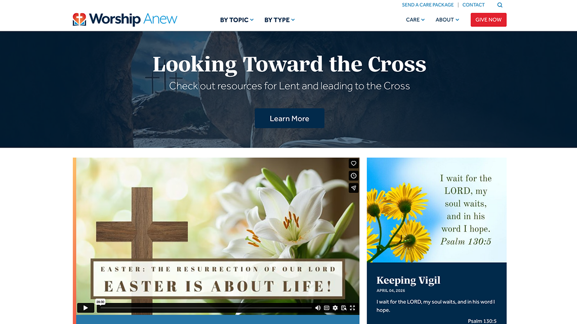 Worship Anew homepage with Lent hero and video