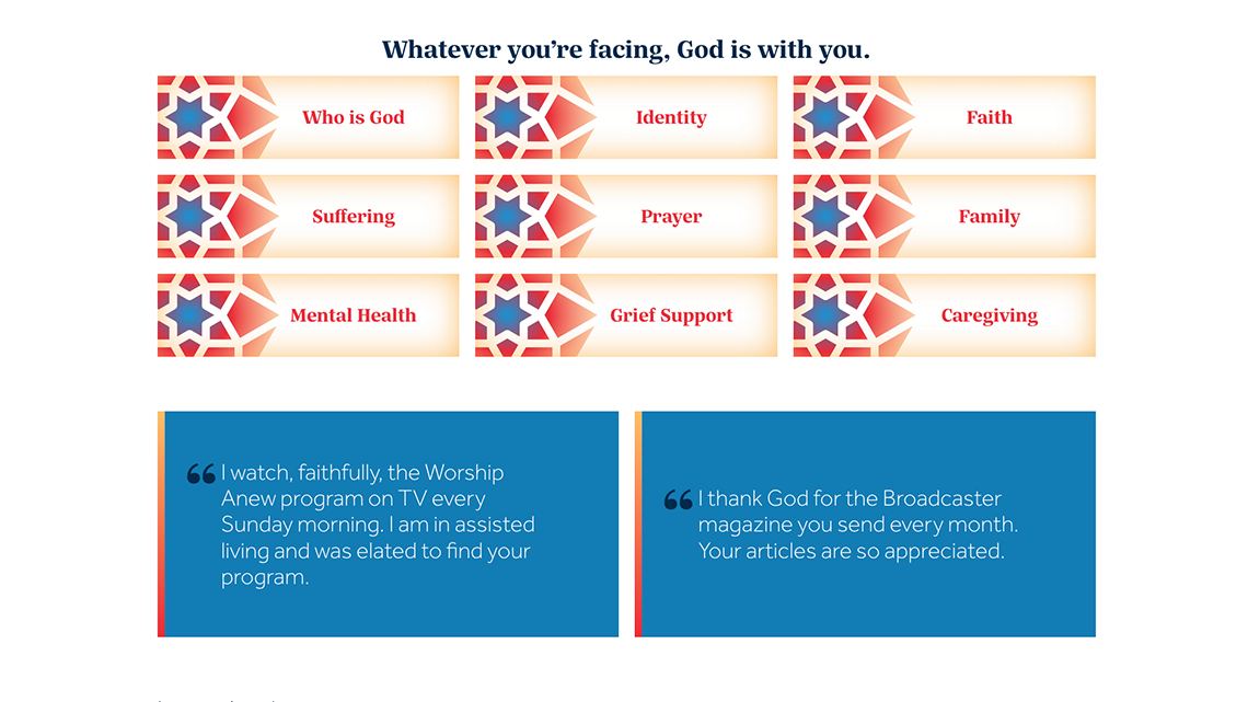 Worship Anew topic grid and viewer testimonials